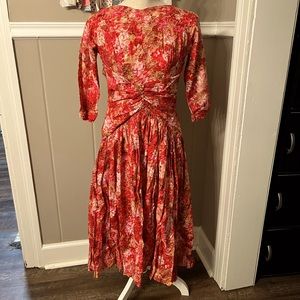 Vintage 60’s Cotton Floral Long Sleeve Full Skirt Dress Buttons Retro Pinup
